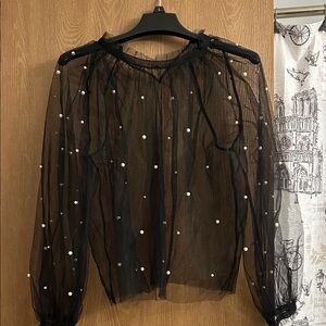 INC International Concepts Black Sheer Blouse with Pearl Details